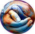 graphic of clasped hands painted to look like Earth